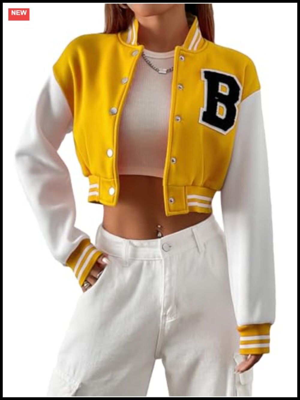 Women's Crop Varsity Jacket Long Sleeve Button Front Bomber Casual Preppy